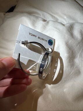 Tory Burch Silver Hoop Earrings with Logo Cutouts